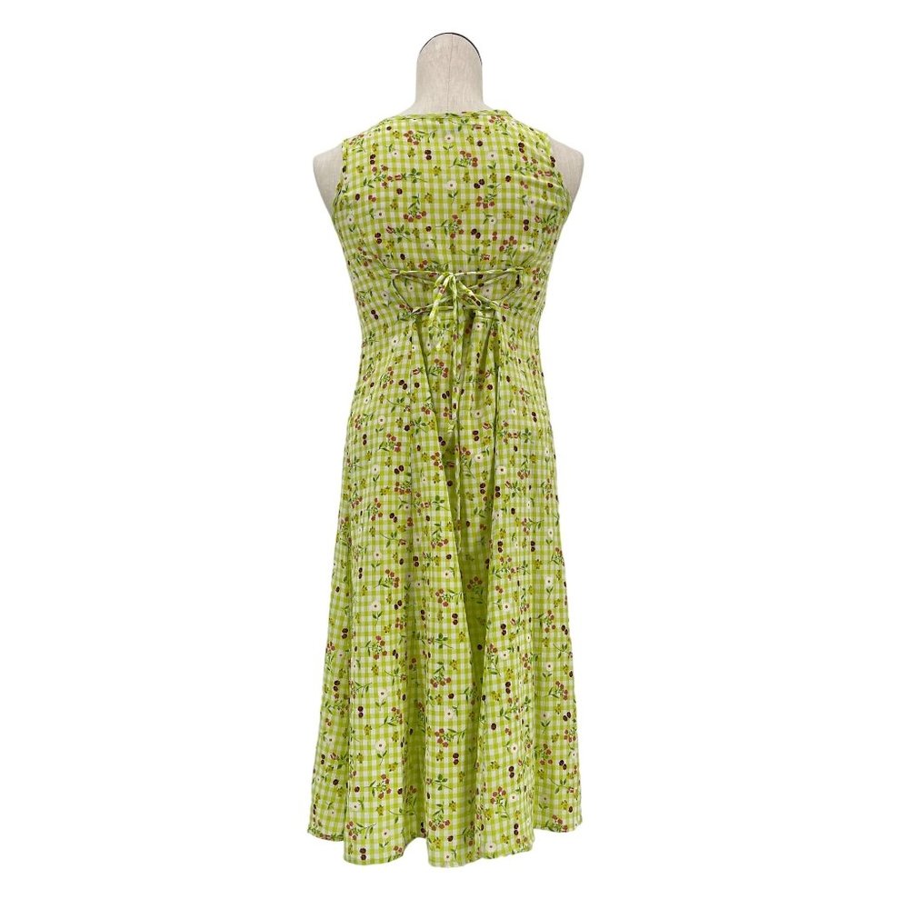 Corset Back Vintage 90's Green Ladybug Picnic A-Line Dress with Criss Cross - Picture 6 of 8